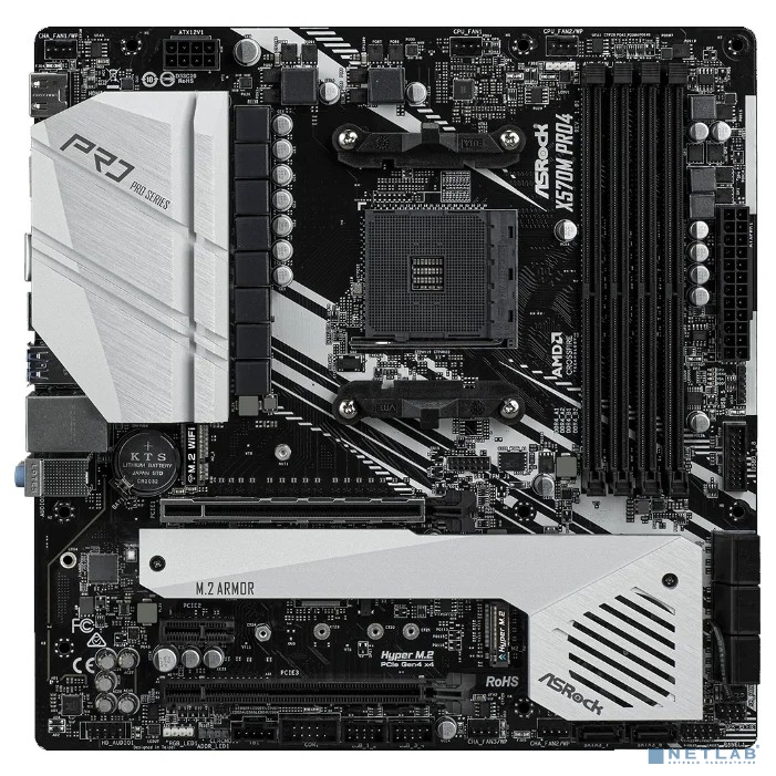 ASRock X570M PRO4 {Socket AM4, AMD X570, 4xDDR4 ц, 7.1CH Realtek ALC1200, 1 , USB3.2, HDMI, DisplayPort, 2 PCIe 4.0 x16, 1 PCIe 4.0 x1, 1 M.2(Key E) For WiFi}
