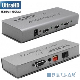 ORIENT HDMI 4K Splitter HSP0102H-2.0, 1->2, HDMI 2.0/3D, UHDTV 4K/ 60Hz (3840x2160)/HDTV1080p, HDCP2.2, EDID управление, RS232 порт, IR вход, БП 5В/1.5А, метал.корпус (30465)