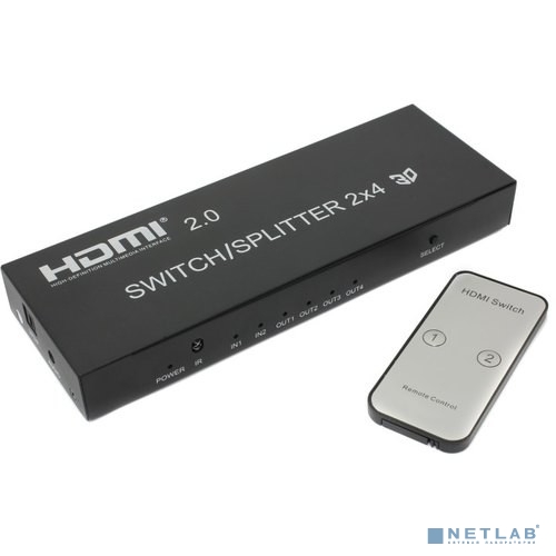 ORIENT HSP0204H-2.0, HDMI 4K Switch/Splitter 2->4, HDMI 2.0a/3D, HDR, UHDTV 4K/ 60Hz (3840x2160)/HDTV1080p, HDCP2.2, аудио выходы: jack 3.5 mm/SPDIF, пульт ДУ, внешний БП 5В/2A, метал.корпус (30957)