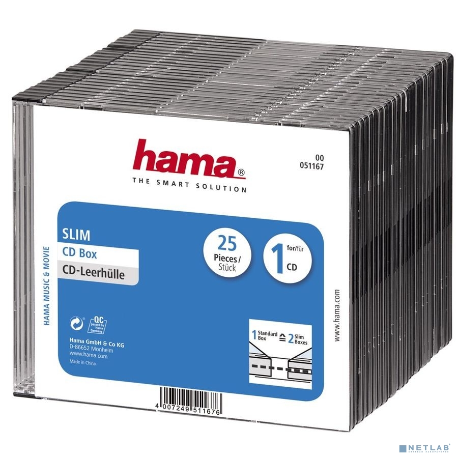 HAMA Коробка для 1 CD slim, прозрачный/черный, 25 шт. [H-51167]
