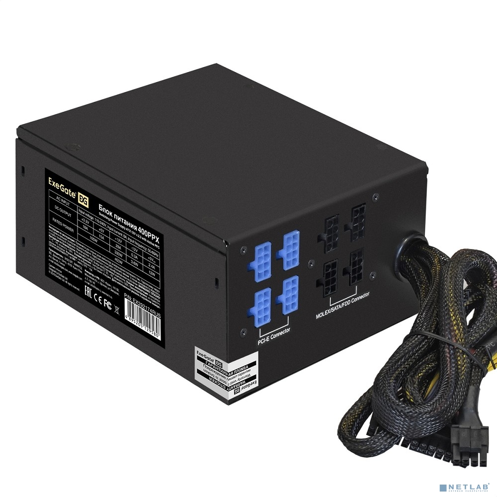 Exegate EX292174RUS-S Блок питания 400W ExeGate 400PPX (ATX, SC, APFC, КПД 80% (80 PLUS), 14cm fan, 24pin, (4+4)pin, PCIe, 5xSATA, 4xIDE, FDD, RTL, black, кабель 220V с защитой от выдергивания)