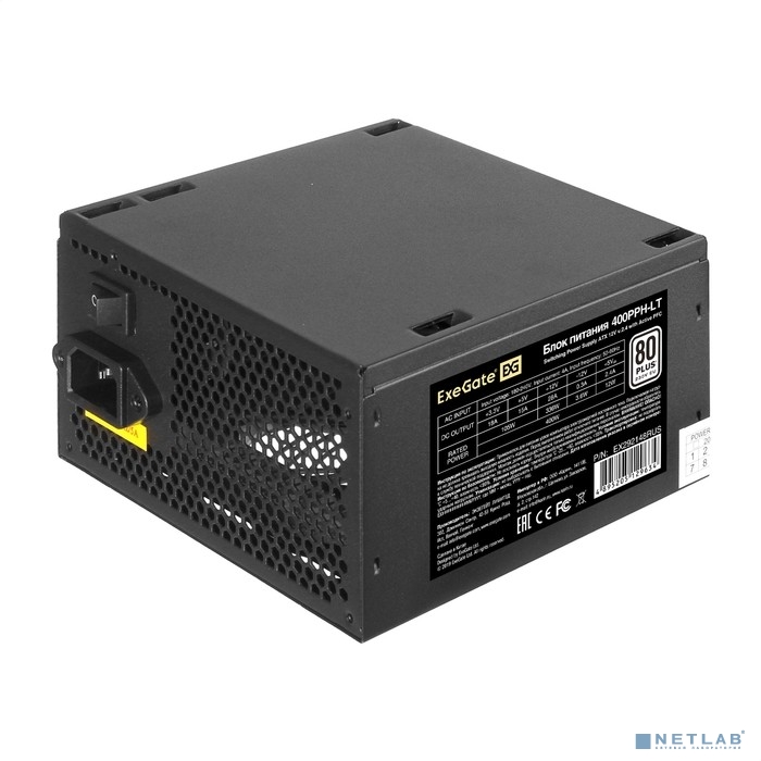 Exegate EX292148RUS-S Блок питания 400W ExeGate 80 PLUS® 400PPH-LT (ATX, APFC, КПД 82% (80 PLUS), 12cm fan, 24pin, (4+4)pin, PCIe, 5xSATA, 3xIDE, RTL, black, кабель 220V с защитой от выдергивания)