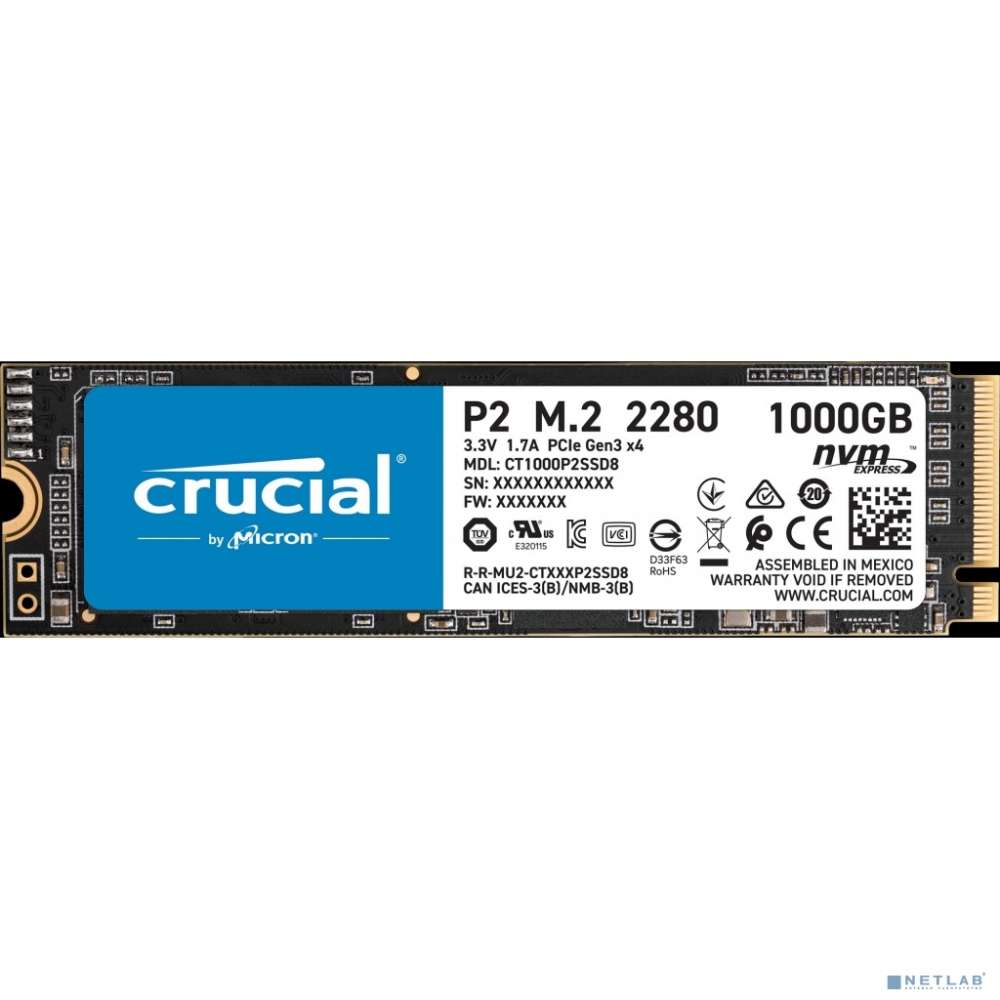 Crucial SSD 1000GB P2 M.2 NVMe PCIEx4 80mm Micron 3D NAND  2300/1150 MB/s CT1000P2SSD8