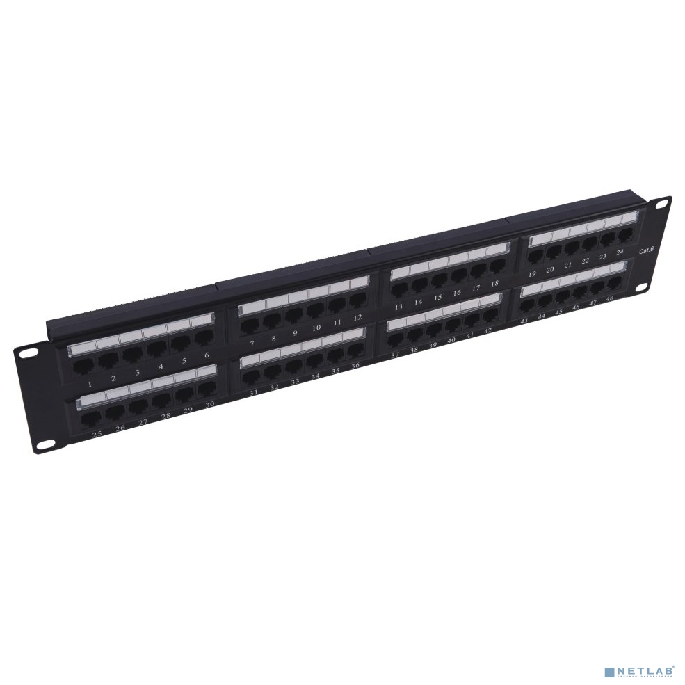 Патч-панель 19" NEOMAX [NM-PP-2U48P-UC5E-DB-109-BK] 2U, 48 портов, кат.5E, UTP, Dual IDC, кабельный органайзер, цвет черный