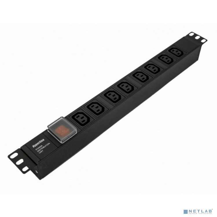 Hyperline SHE19-8IEC-S-IEC Блок розеток для 19" шкафов, горизонтальный, с выключателем с подсветкой, 8хIEC 320 C13, 10A, 250В, без кабеля питания, входная розетка IEC 320 C14, 482.6x44.4x44.4мм(ДхШхВ)