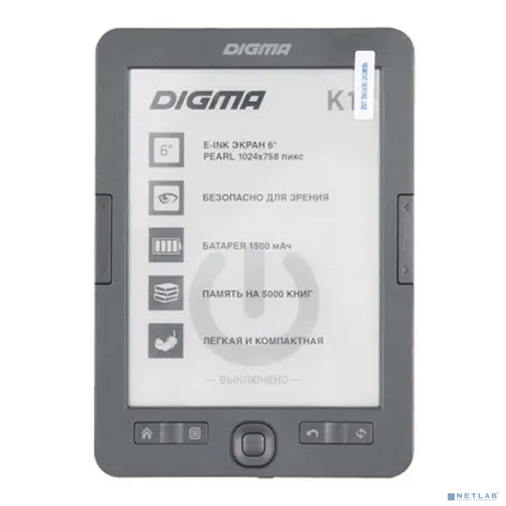 Электронная книга Digma K1 6" E-ink HD Pearl 758x1024 600MHz 128Mb/4Gb/SD/microSDHC темно-серый [1389695]