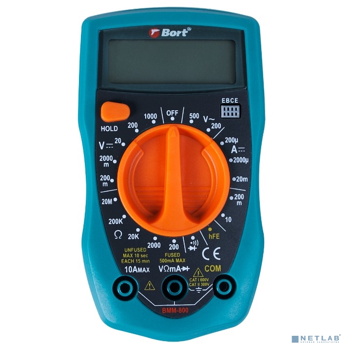 Bort BMM-800 Мультиметр [91271150] { Диапазон постоянного напряжения 0-1000 тип, диапазон  постоянного тока 0-10 тип, диапазон  переменного напряжения 0-750 тип, 0.15 кг, батарея 9V }