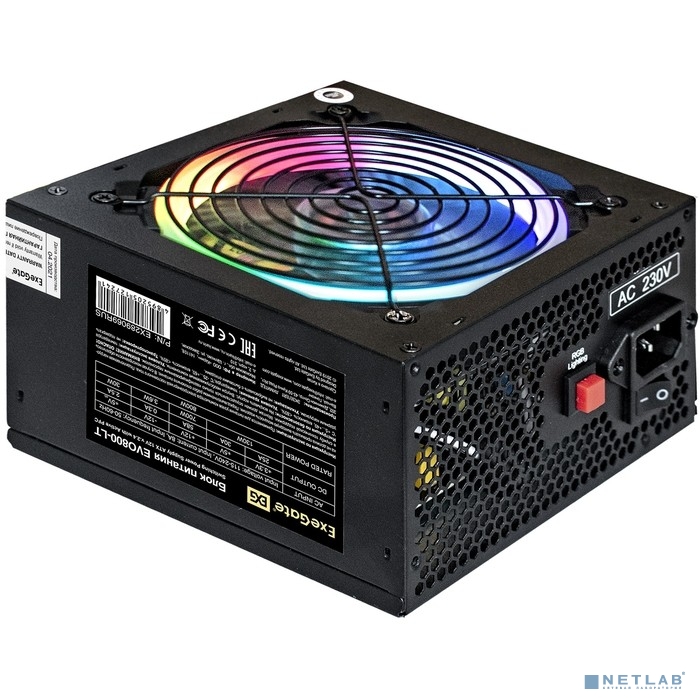Exegate EX289069RUS БП 800W ExeGate EVO800-LT ATX, APFC, 12cm RGB fan, 24p, (4+4)p, PCI-E, 5SATA, 3IDE, black