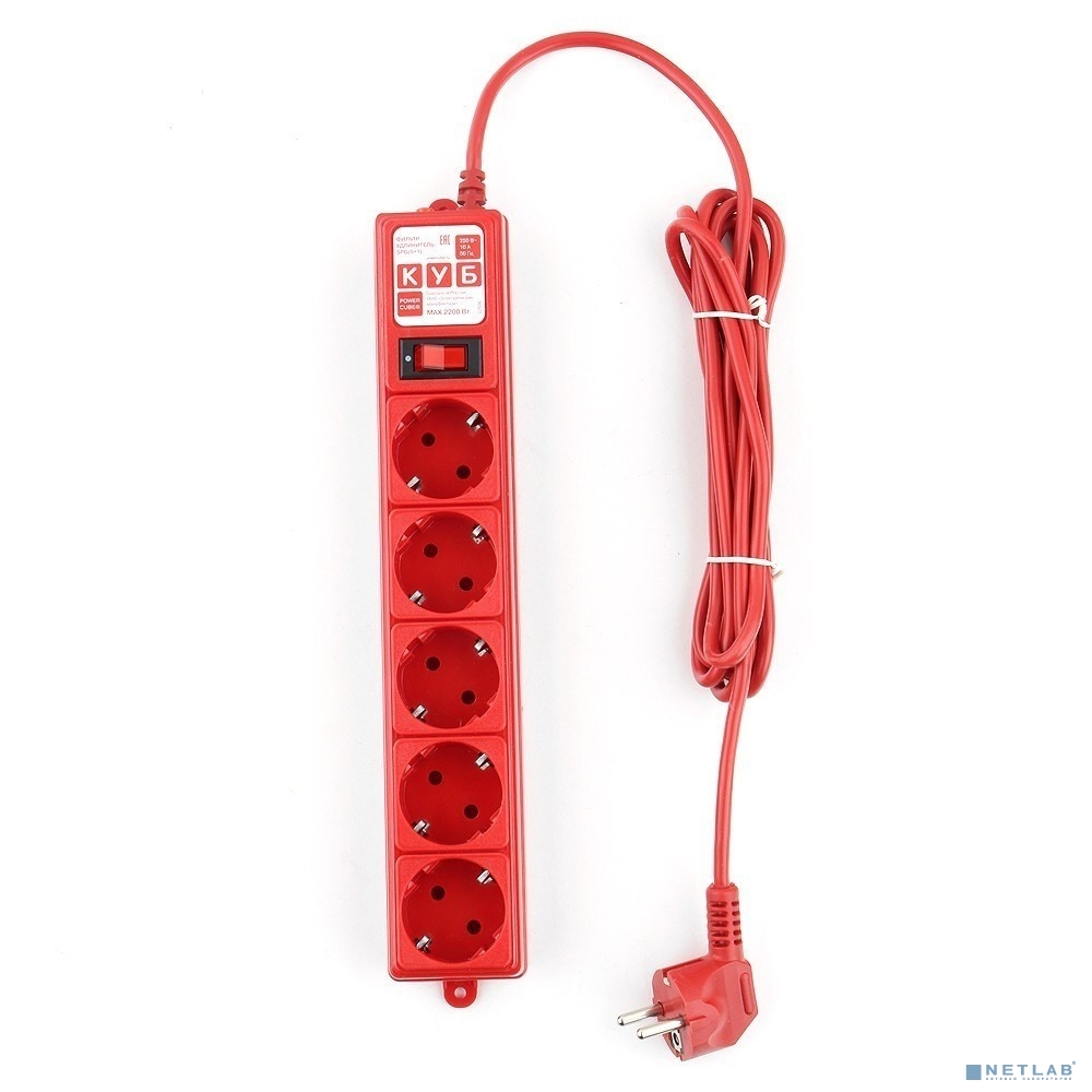 PowerCube Фильтр-удлинитель (SPG-MXTR-14) 3м, 5 розеток, 10А/2,2кВт, красный