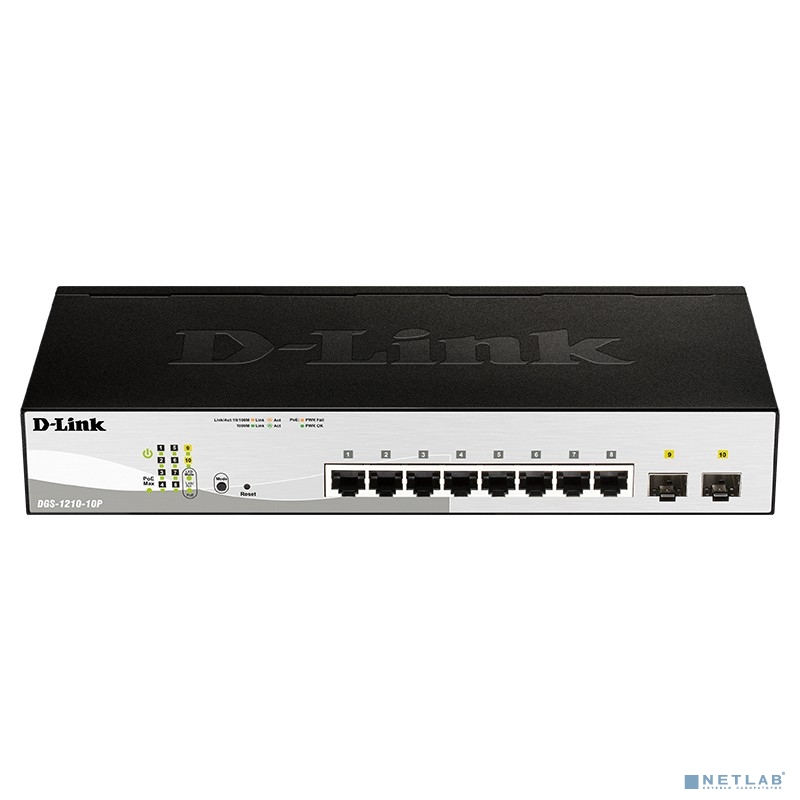D-Link DGS-1210-10P/FL1A Управляемый коммутатор 2 уровня с 8 портами 10/100/1000Base-T и 2 портами 1000Base-X SFP (8 портов с поддержкой PoE 802.3af/802.3at (30 Вт), PoE бюджет 65 Вт)