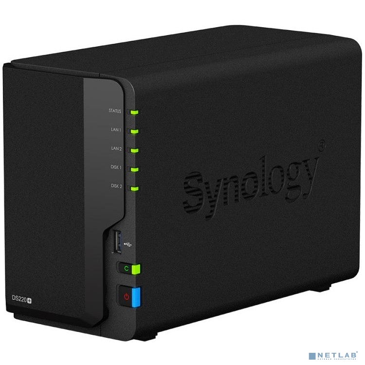 Synology DS220+ Сетевое хранилище DC 2,0GhzCPU/2GB(upto6)/RAID0,1/up to 2HDDs SATA(3,5' 2,5')/2xUSB3.0/2GigEth/iSCSI/2xIPcam(up to 25)/1xPS /2YW 
