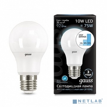 GAUSS 102502210-S Светодиодная лампа LED A60 10W E27 920lm 4100K step dimmable 1/10/50 